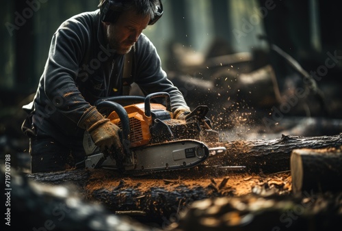 A blue-collar worker, clad in heavy clothing, expertly wields a powerful chainsaw to shape metal in an outdoor factory, the ground trembling beneath his skilled hands