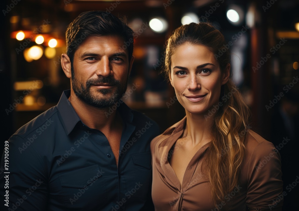 A stylishly dressed man and woman share a joyful moment as they smile for the camera, their human faces framed by the man's bushy beard and raised eyebrow, captured in an indoor setting A stylishly dressed man and woman share a joyful moment as they smile for the camera, their human faces framed by the man's bushy beard and raised eyebrow, captured in an indoor setting