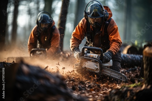Amidst the rustling leaves and earthy scent, a team of rugged individuals dons their protective helmets and unleashes the roaring power of their saws, transforming the tranquil woods into a symphony 