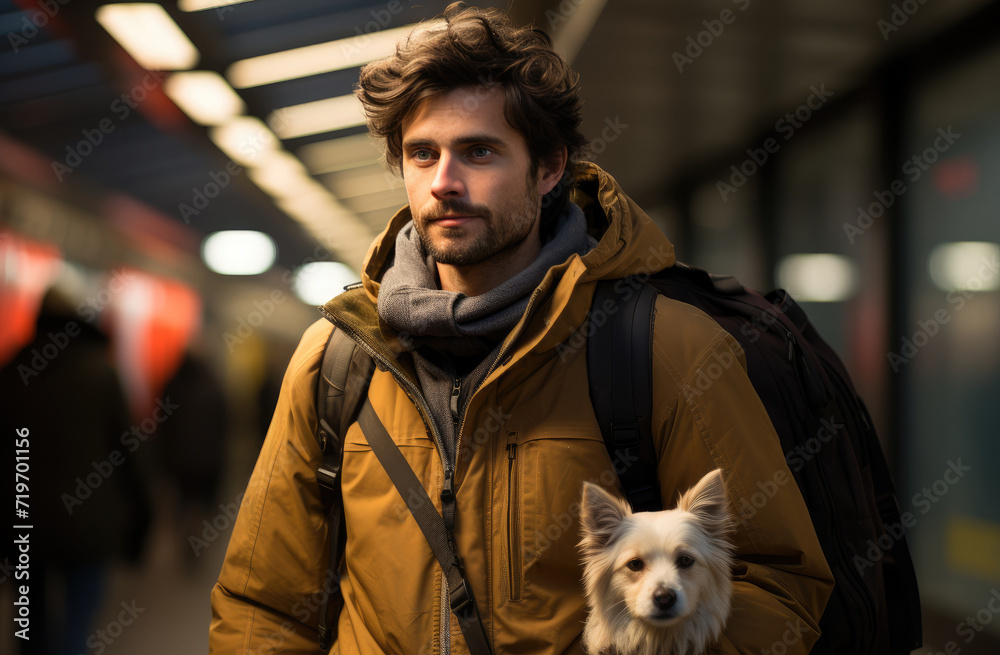 A rugged man stands on a bustling street, his loyal dog by his side, both sporting weathered jackets as they gaze into the distance, their human faces reflecting determination and companionship