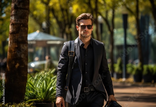 A sharply dressed man strolls through the city streets, his fashionable jacket and sunglasses adding to his polished appearance as he passes by trees and other outdoor elements