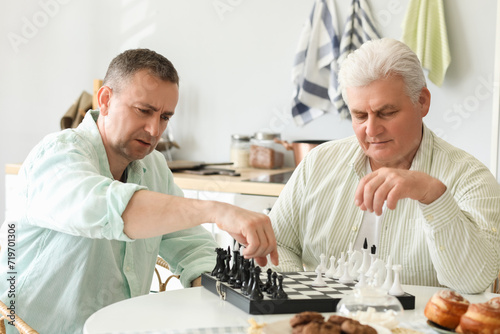 Mature brothers playing che...