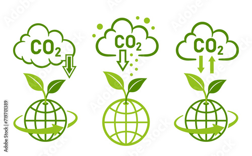 CO2 carbon dioxide emission reduction, global reduce carbonic greenhouse gas in atmosphere Earth, recycling with green plant icon set. Smoke cloud. Low level air pollution. Clean eco technology vector