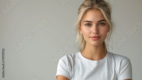 Pretty blonde female standing and looking at the camera, wearing long white cotton T-shirt, white shirt mockup, white background
