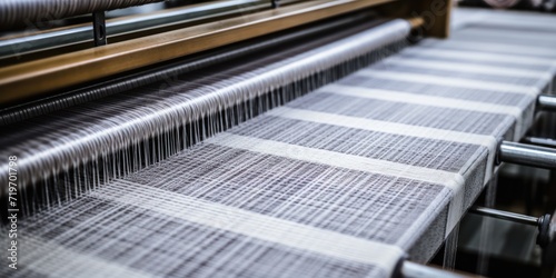 Industrial Loom Producing Grey Fabric. Textile Industry. Silk Production. Generative AI photo