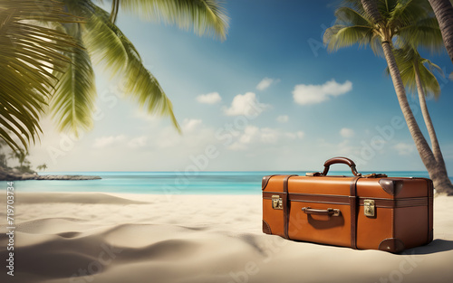 Concept of summer holidays  with a suitcase and a beach umbrella  on a beach background