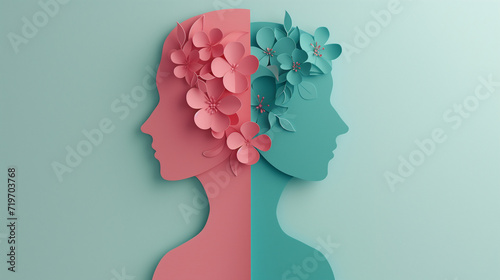 A captivating light blue background showcasing the symmetrical profiles of two women, adorned in blue and pink with distinct outlines, crowned with delicate flowers