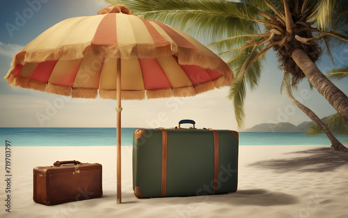 Concept of summer holidays, with a suitcase and a beach umbrella, on a beach background