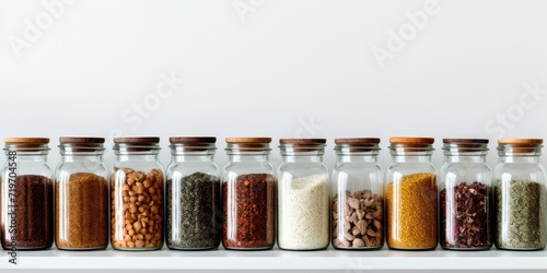 An assortment of seasonings and cereals stored in glass jars on a white shelf, captured in a close-up shot.