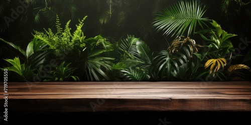 Tropical plants  palms  and jungle as backdrop for wooden table.
