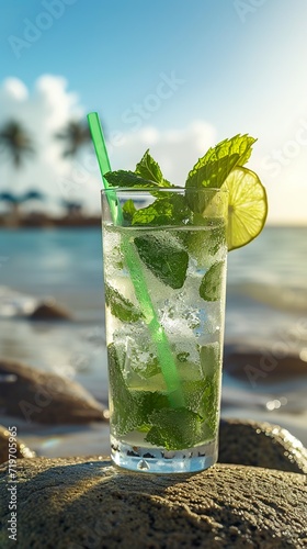 Mojito cocktail with coconut water. Iced mojito with mint and lime in a summer drink. Presentation of Mojito with ice, lemon and mint.
