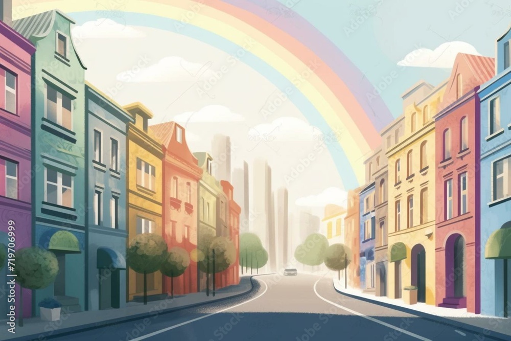 Illustration of a street and a rainbow. Generative AI