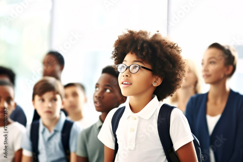 Portrait of a boy in glasses, engaged in a lesson about modern art in a contemporary gallery. Group of schoolboys and schoolgirls on a background. Cultivating socio-cultural competence in schools photo