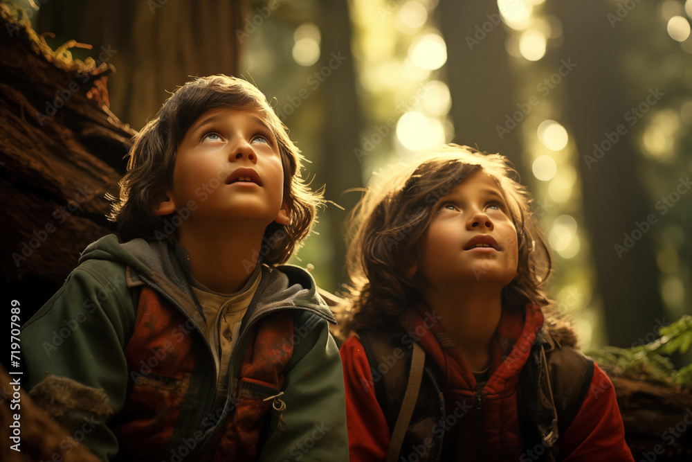 Two young brothers looking up at giant Redwood tree in forest.