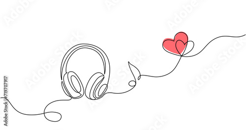 Headphones with music notes continuous one line drawing. Lineart concept of musical symbol. Vector illustration.