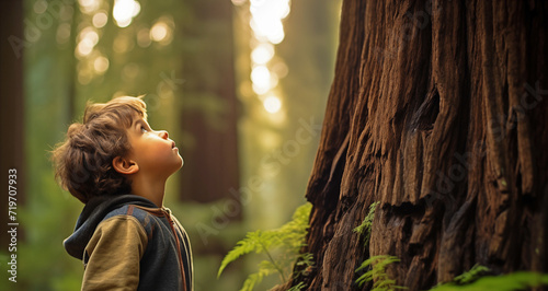 Young boy outdoors in forest looking up at giant Redwood tree. photo