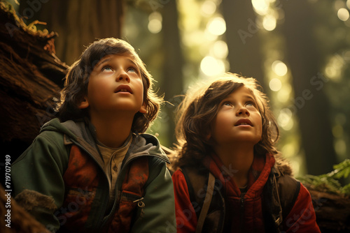 Two young brothers looking up at giant Redwood tree in forest. photo