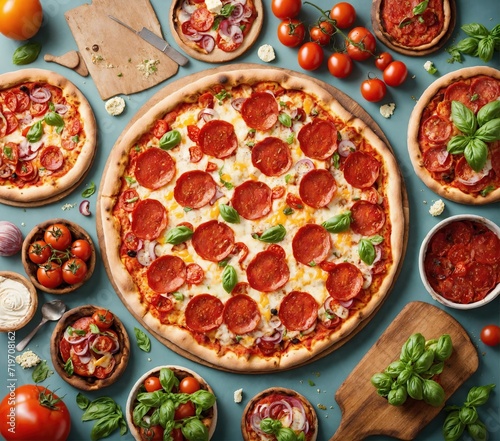 Big delicious pizza with tomatoes and tender cheese, close-up, top view