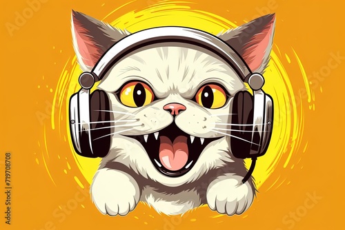 Drawing of surprised white cat with big yellow eyes in big white retro headphones listening to music with open mouth. Cartoon style. Yellow and orange background. 