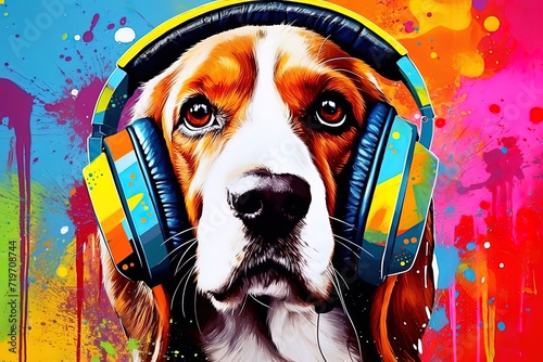 Colorful bright illustration of a beagle dog  in big colored into different colors retro headphones listening to music. Colored painting at background. Cartoon style. 