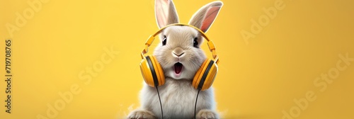 Surprised bunny rabbit DJ is listening disco music in big yellow headphones, open mouth. Isolated. Yellow  photo