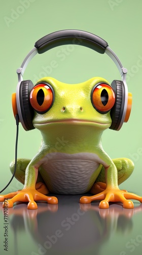 Green frog with big orange eyes in big retro headphones sitting and listening to music at light green background. Cartoon style. Isolated.