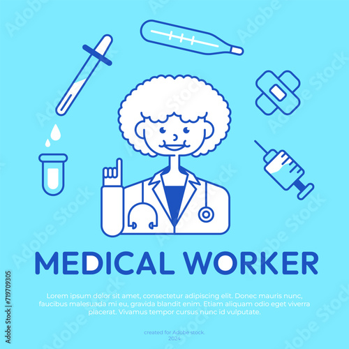 Image of a medical worker in a circle of medical equipment. Vector poster on a medical theme on a blue background.