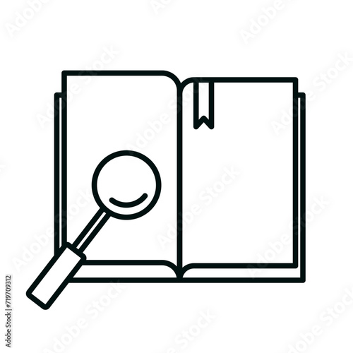 Magnifying glass book icon. Vector image on the theme of education, knowledge, science, research, etc.