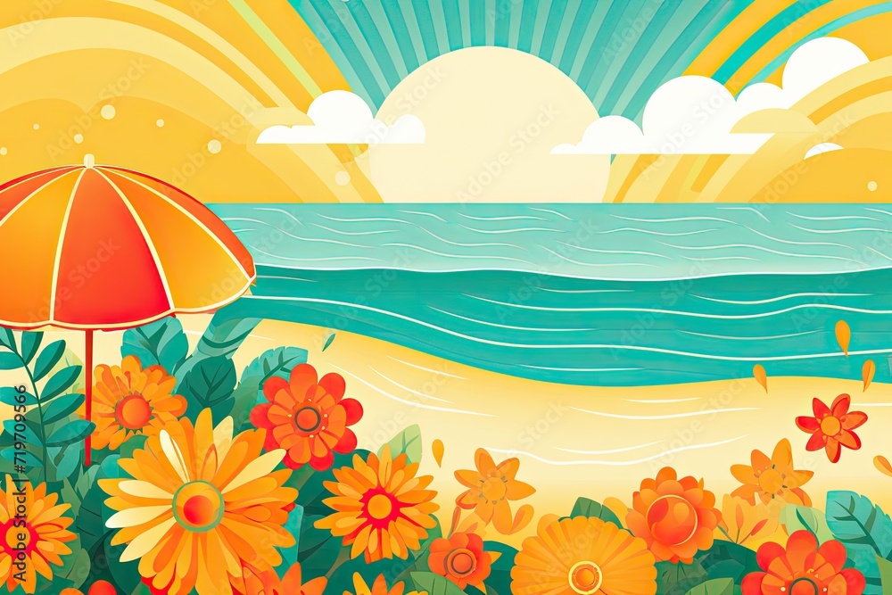 Summer colorful vector background with sunflowers, beach umbrellas, and sunglasses