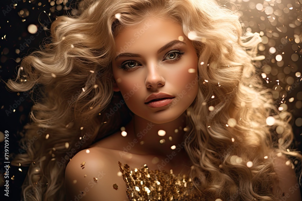 Glitter falling in the face of a beautiful girl, Beautiful girl with golden glitter Glitter falling in the face of a beautiful girl, Beautiful girl with golden glitter