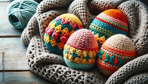 Knitted handmade Easter eggs. Generative AI