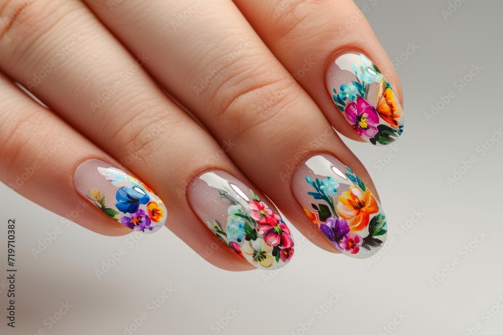 Female hand with floral manicure. Generative AI Female hand with floral manicure. Generative AI