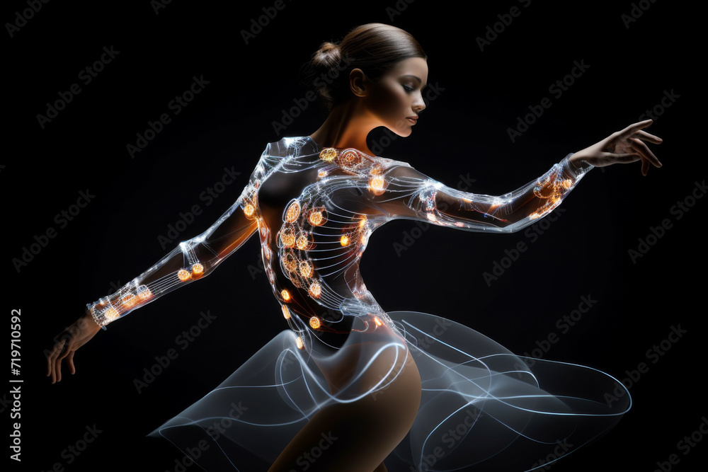 Woman Ballet Dancer Wearing Futuristic Technology Clothes on Black Background