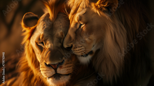 Close up of two lions cuddling in a loving affectionate embrace. African safari mammals. AI generated  © Sophie