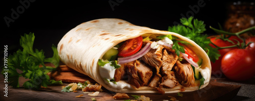 Shawarma sandwich or roll chicken or beef meat on black background