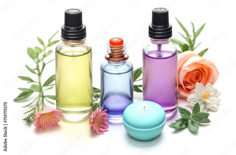 unbranded essence oil bottles on white background with flowers and candle. mock up for cosmetics.