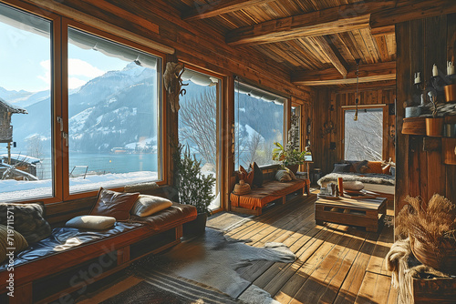 Holiday cottage on the snow  raw wood boards  big windows  plenty of living space at a the border of an alpine lake with beautiful mountain view