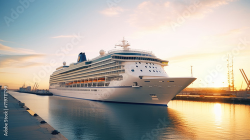 A modern  white cruise ship near the pier at sunset  side view. Travel and vacation