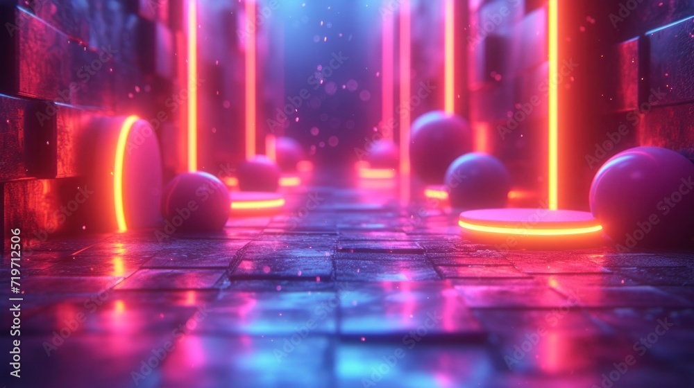 An atmospheric alleyway illuminated by glowing orbs and shimmering neon corridors invites intrigue, reflecting a vibrant path in the purple haze of a surreal, futuristic arcade...