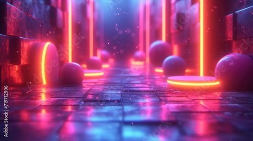 An atmospheric alleyway illuminated by glowing orbs and shimmering neon corridors invites intrigue  reflecting a vibrant path in the purple haze of a surreal  futuristic arcade...