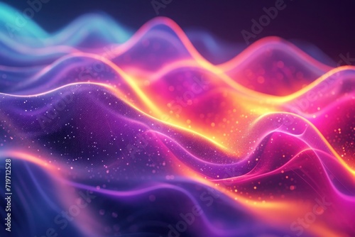 A flowing neon wave that glows with vibrant pink and blue hues, sprinkled with particles resembling a starry cosmos.. photo
