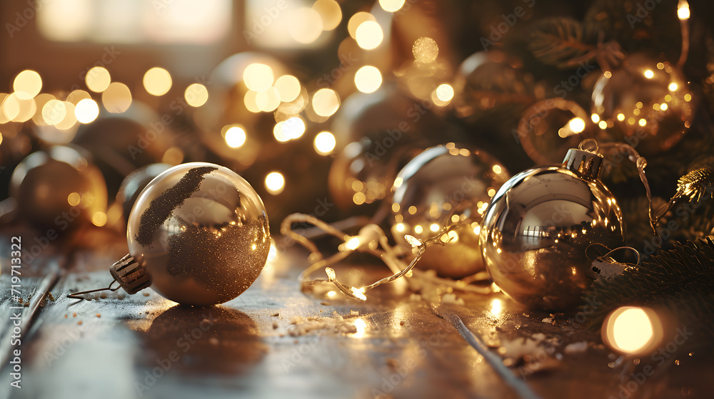 Fototapeta premium golden color glass christmas balls, generative ai