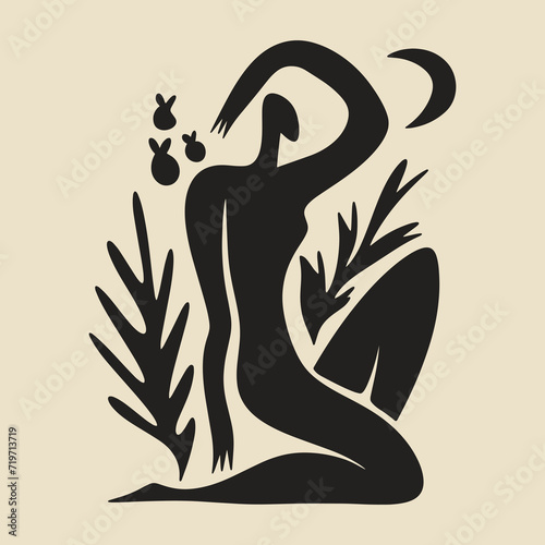 Sacred woman in Matisse style, meditating magic Reiki silhouette drawing, Bali moon wild young girl moon child.