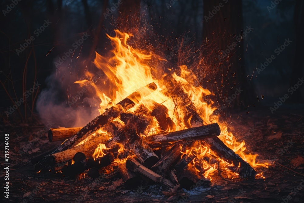 Fototapeta premium Night camp in a forest. Adventure vacation trip camping vibe. Bonfire in the forest on a background of the night. Traveling concept. Holiday camp.