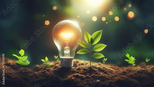 glowing light bulb and growing plants
