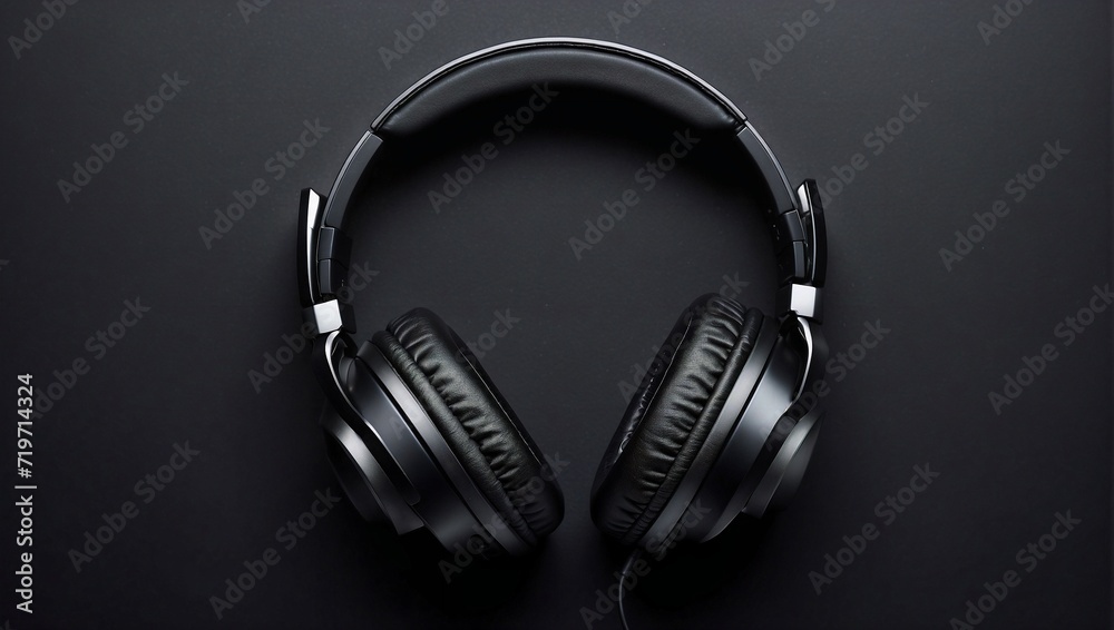 Black over-ear headset on black background, copy space, advertising space Black over-ear headset on black background, copy space, advertising space