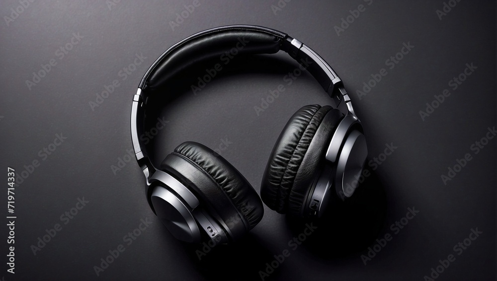 Black over-ear headset on black background, copy space, advertising space Black over-ear headset on black background, copy space, advertising space