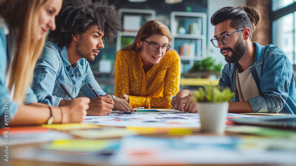 Fototapeta premium People of Diverse Ethnicities Sitting Around a Wooden Table at an Outdoor Café