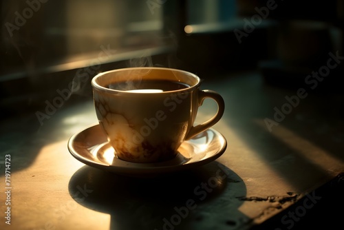 Breakfast Serenity Hot Cup of Coffee on Vintage Wood