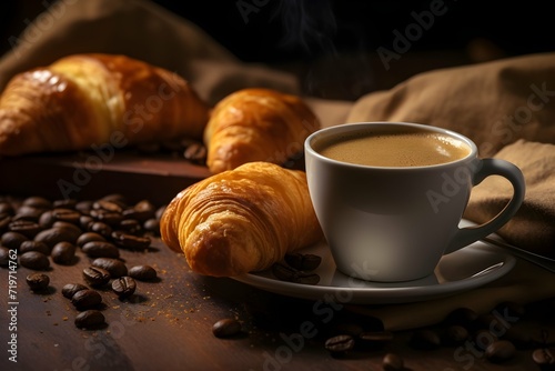 Espresso Escape Wooden table service with hot drink cup and breakfast croissants